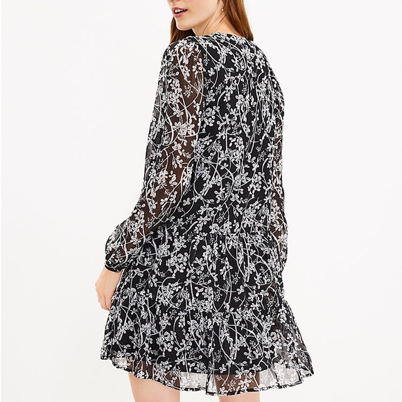 Loft Vine Drop Waist Split Neckline Button Front Black Gray Lined Shirtdress M - Picture 7 of 16